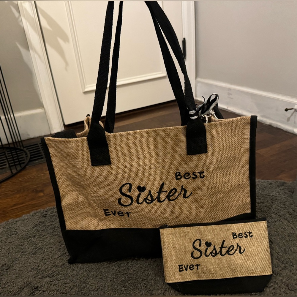 “Best sister ever” tote with long strap